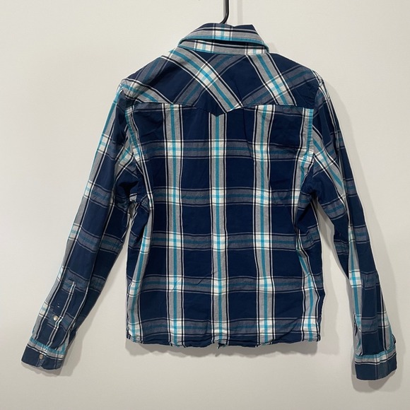 Hollister Mens Plaid Long Sleeve Snap Button Shirt Blue Turquoise M - Picture 6 of 8